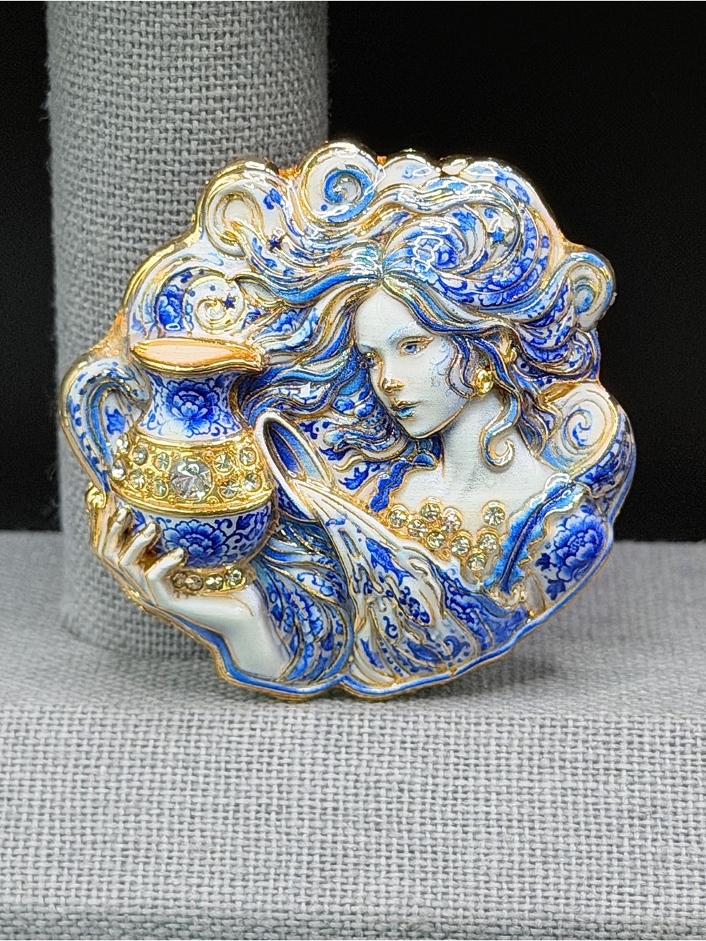 Blue & White Aquarius Brooch w/Rhinestones